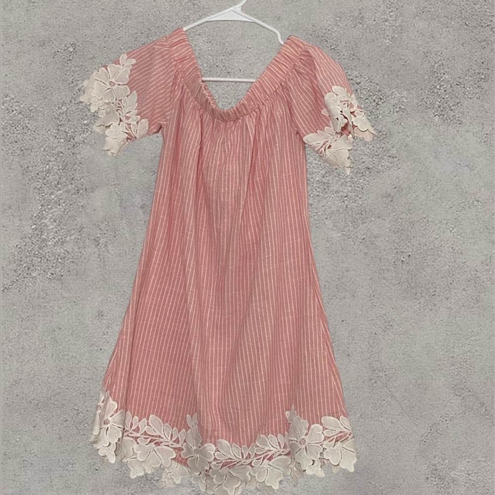 Charlotte Russe Off Shoulder Mini Dress Pink White Striped Lace Trim Size Small